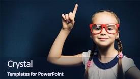  Presentation with school - Beautiful presentation theme featuring happy young business woman working and drinking a cup of coffee backdrop and a light blue colored foreground