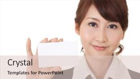 Presentation with business card - Amazing theme having smart board - young asian business woman holding backdrop and a lemonade colored foreground