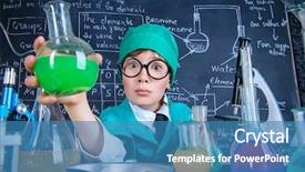  Presentation with laboratory chemical - Beautiful PPT theme featuring smart boy scientist making chemical backdrop and a teal colored foreground
