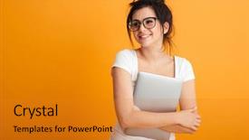  Presentation with basic - Presentation having smart brunette woman in basic background and a gold colored foreground