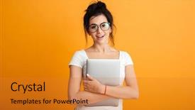  Presentation with life basic support - PPT theme featuring smart brunette woman in basic background and a  colored foreground