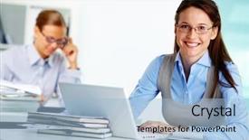  Presentation with smart - Presentation design having smart businesswoman working in office background and a  colored foreground