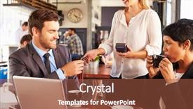  Presentation with coffee shop - Colorful presentation design enhanced with smart card - two business people with laptop backdrop and a tawny brown colored foreground