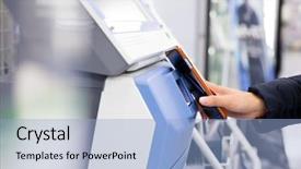  Presentation with smart card - Beautiful slide set featuring smart card - woman scanning via mobile phone backdrop and a light blue colored foreground