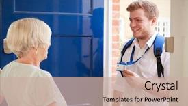  Presentation with senior worker - Theme with smart card security - senior woman opens door background and a soft green colored foreground