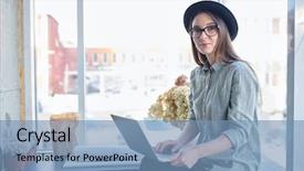  Presentation with creative - Cool new PPT layouts with smart casual sitting by window backdrop and a  colored foreground