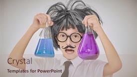  Presentation with flasks - PPT theme consisting of smart-child-boy-is-experimenting background and a coral colored foreground