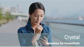  Presentation with ted talk - Beautiful PPT layouts featuring smart cities free - woman talk to earphone backdrop and a seafoam green colored foreground