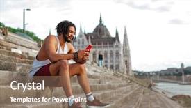  Presentation with smart city - Presentation theme featuring smart city free - young afro man texting background and a  colored foreground