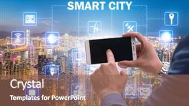  Presentation with smart city - PPT theme consisting of smart city in innovation concept background and a violet colored foreground