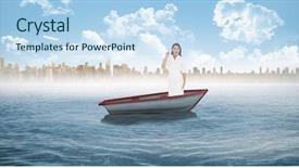  Presentation with smart city - Amazing theme having smart dark haired model with classy dress posing against small boat in the sea with city on horizon backdrop and a sky blue colored foreground
