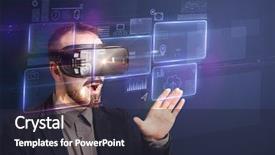  Presentation with data - Colorful presentation theme enhanced with smart decision - amazed businessman with virtual reality backdrop and a wine colored foreground