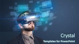  Presentation with blue squares - Cool new PPT layouts with smart decision - amazed businessman with virtual reality backdrop and a ocean colored foreground