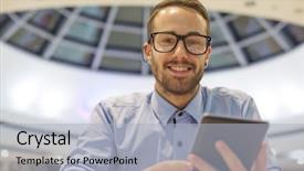  Presentation with labor - Colorful presentation theme enhanced with labor mobility - smiling businessman with electronic device backdrop and a  colored foreground