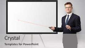  Presentation with pointer - PPT theme enhanced with smart digital soloutions - young businessman with laser pointer background and a light gray colored foreground