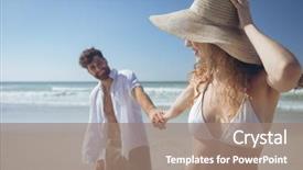  Presentation with trophy award hand holding - Audience pleasing presentation design consisting of hand while standing at beach backdrop and a coral colored foreground