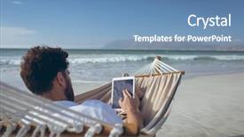  Presentation with tablet - Slide set with rear view of young caucasian background and a teal colored foreground