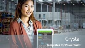  Presentation with tablet broken - Amazing presentation having smart factory - smiling businesswoman showing a tablet backdrop and a gray colored foreground