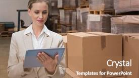  Presentation with tablet - Colorful presentation design enhanced with smart factory - thoughtful stylish businesswoman looking backdrop and a coral colored foreground