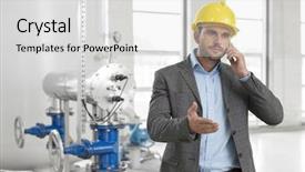  Presentation with cell - Beautiful slides featuring smart factory - young male engineer using cell backdrop and a light gray colored foreground