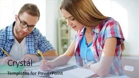  Presentation with task - PPT theme consisting of smart girl and her groupmate on background carrying out written task background and a light blue colored foreground