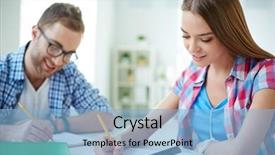  Presentation with task - PPT theme having smart girl and her groupmate on background carrying out written task background and a light blue colored foreground