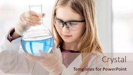  Presentation with chemical bottle - Slides featuring smart-girl-doing-scientific-chemistry background and a coral colored foreground