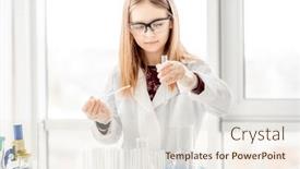  Presentation with chemical experiment - Theme with smart-girl-during-scientific-chemistry background and a sky blue colored foreground