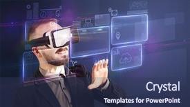  Presentation with virtual - PPT theme consisting of smart glasses - amazed businessman with virtual reality background and a  colored foreground
