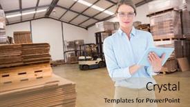  Presentation with tablet - Presentation theme featuring smart glasses - businesswoman using tablet pc background and a coral colored foreground