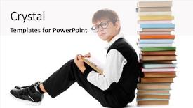  Presentation with smart - Amazing PPT theme having smart glasses - cute schoolboy sitting beside heap backdrop and a white colored foreground