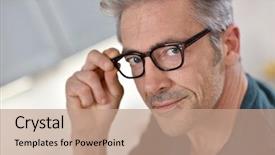  Presentation with old wite man and his music - Presentation design having smart glasses - portrait of handsome mature man background and a coral colored foreground