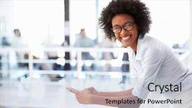  Presentation with telephone - PPT theme with smart glasses - portrait of smiling woman background and a light blue colored foreground