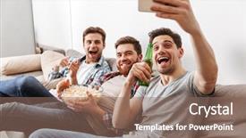  Presentation with virile young men - Presentation theme featuring smart goals - portrait of three happy young background and a violet colored foreground