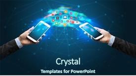  Presentation with mobile applications - Colorful PPT theme enhanced with smart grid system - two mobile phones syncing applications backdrop and a navy blue colored foreground