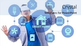  Presentation with home appliances - Beautiful presentation theme featuring smart home concept with devices backdrop and a light blue colored foreground