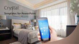  Presentation with bedroom modern - Amazing PPT layouts having smart home system on mobile phone with background of modern bedroom backdrop and a soft green colored foreground