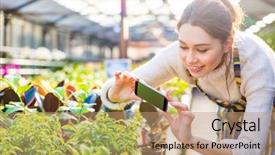  Presentation with green thumb garden - PPT theme consisting of smart house - happy young woman gardener taking background and a coral colored foreground