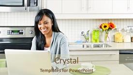  Presentation with black woman - Amazing presentation theme having smart house - smiling black woman using computer backdrop and a soft green colored foreground