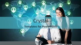  Presentation with social media - Presentation design enhanced with smart idea - business couple sitting at table background and a  colored foreground