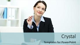  Presentation with thinking - Presentation enhanced with smart idea - portrait of happy office worker background and a  colored foreground