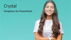  Presentation with army person pressing remote baton - Slides enhanced with smart life - young beautiful arab woman background and a seafoam green colored foreground