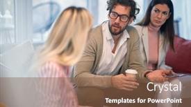  Presentation with meeting - Slide deck consisting of smart-looking-businessman-having background and a tawny brown colored foreground