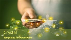  Presentation with social media network - PPT layouts with smart man holding telephone with world social media network connection background and a tawny brown colored foreground