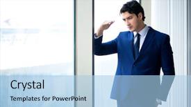  Presentation with businessman standing on mountain top - Amazing slides having smart objectives goals - young handsome businessman standing backdrop and a light blue colored foreground