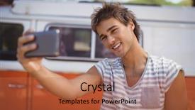  Presentation with selfie - Slides with smart parking - young man clicking selfie while background and a  colored foreground