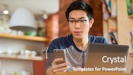  Presentation with asian nurse helps a man - Presentation theme having smart phone - thoughtful serious asian man using background and a coral colored foreground