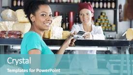  Presentation with steel making shop - Presentation theme enhanced with smart phone - woman making payment to saleswoman background and a teal colored foreground