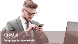  Presentation with desk - Cool new slide deck with smart phone application bank - modern businessman sitting at his backdrop and a violet colored foreground