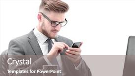  Presentation with desk - PPT theme having smart phone application bank - modern businessman sitting at his background and a gray colored foreground
